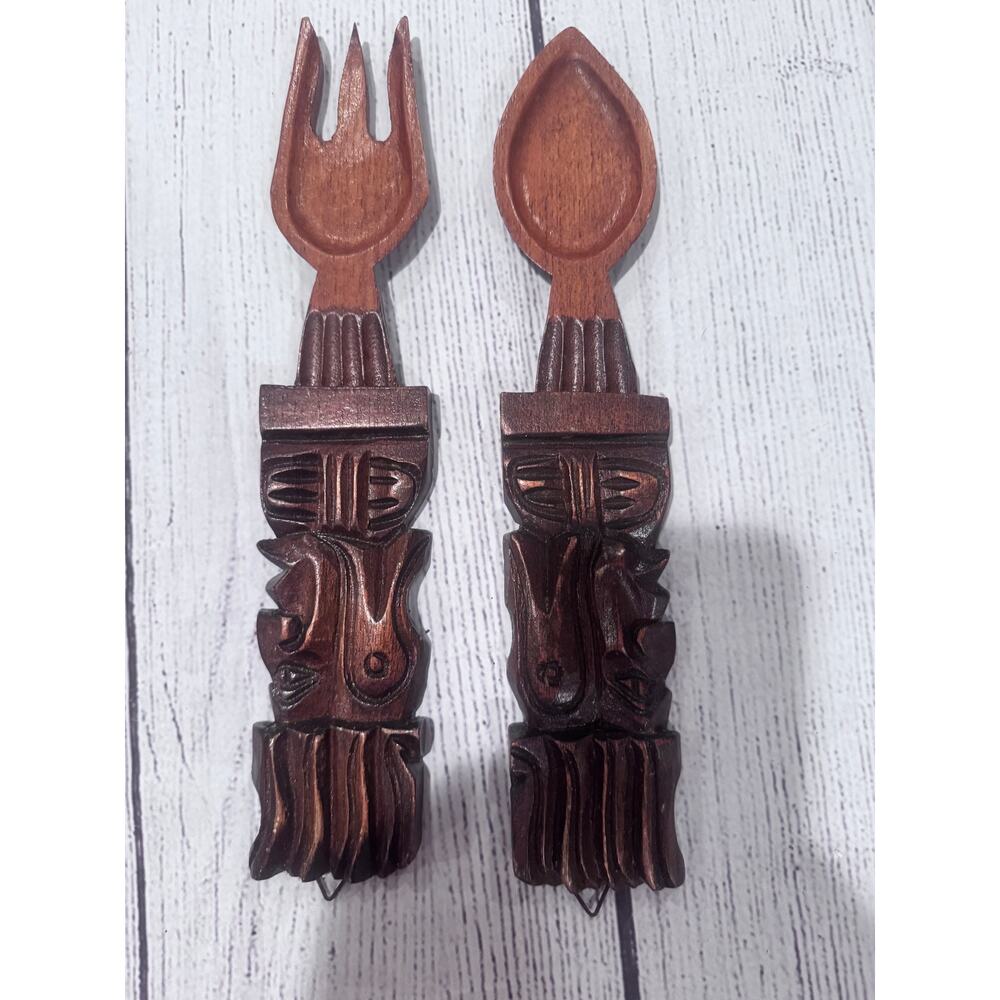Set of Vintage Tribal design wooden spoon and fork